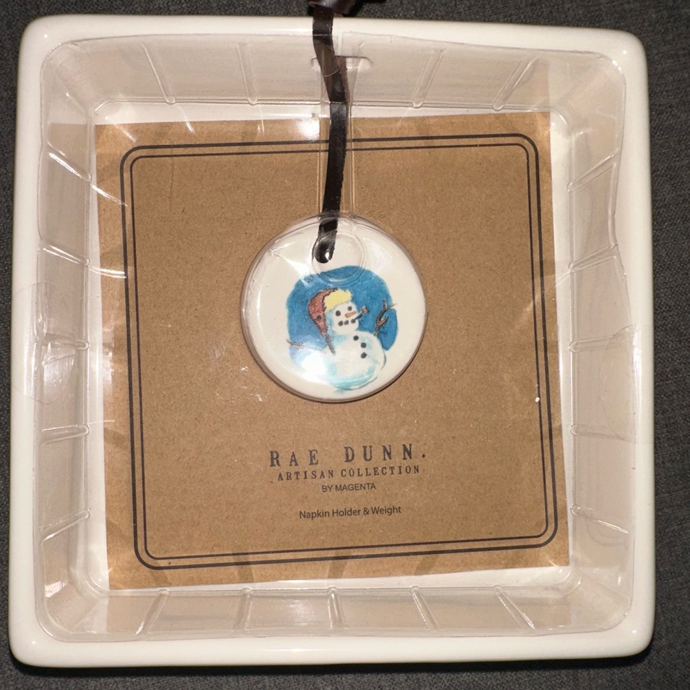 Rae Dunn White Ceramic Napkin Holder with Snowman Charm